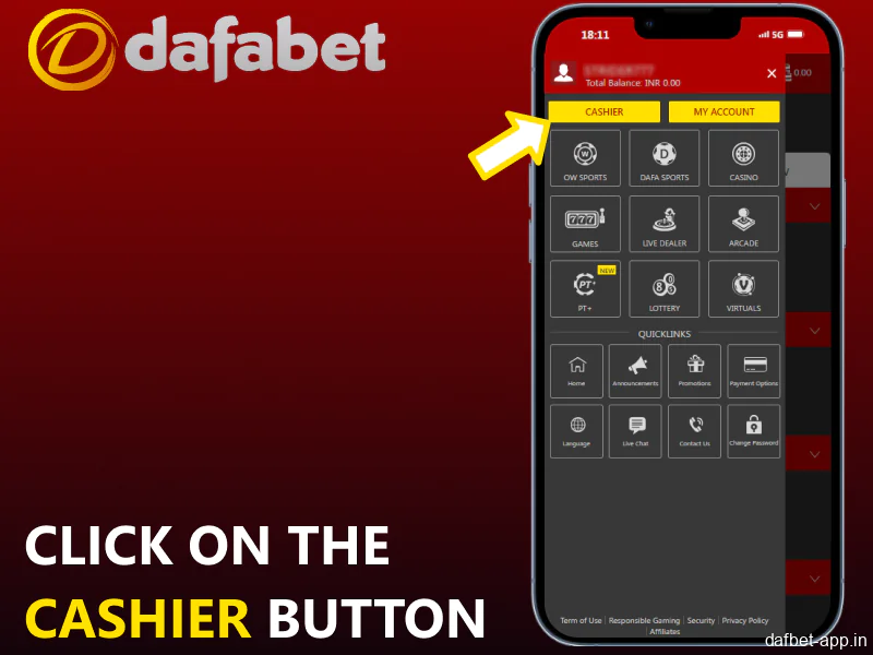 Click on the Cashier button in Dafabet mobile app