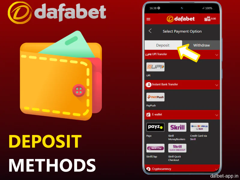 The deposit methods available in Dafabet mobile app