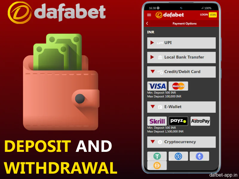 Payment options available in Dafabet mobile app for players from India