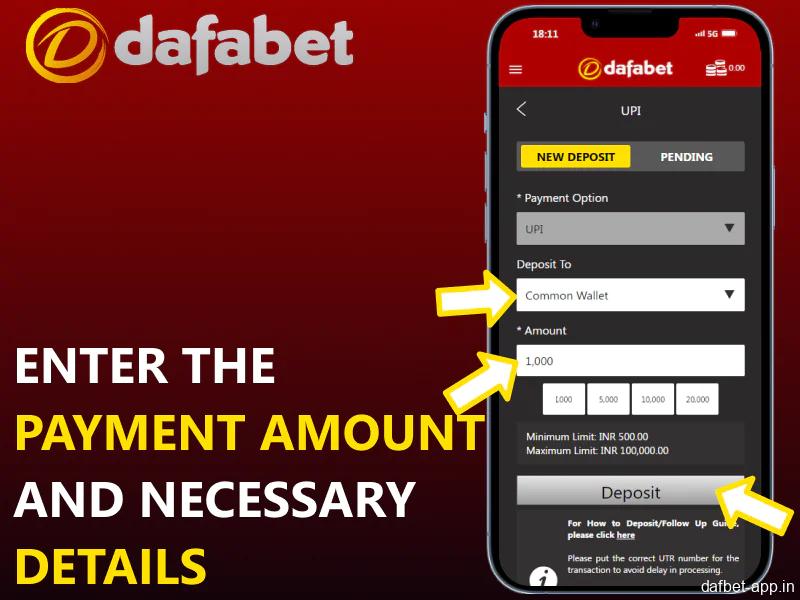 Enter the payment amount and necessary details in Dafabet mobile app