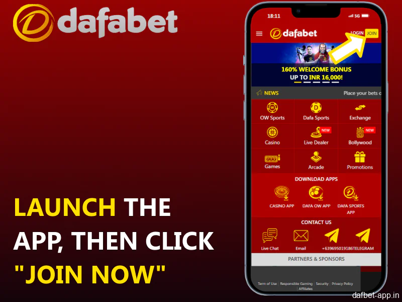 Launch the Dafabet app, then click "Join now"