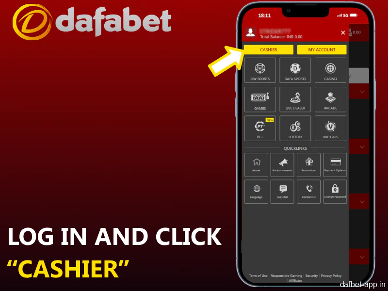 Log in and click “Cashier” in the Dafabet mobile app