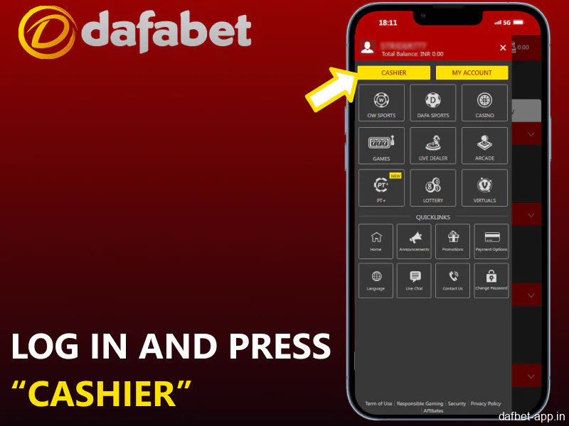 Log in on Dafabet app and press “Cashier”