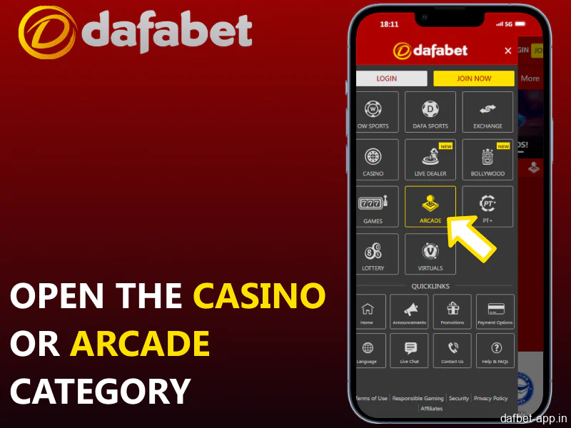 Open the Casino or Arcade category in the Dafabet mobile app