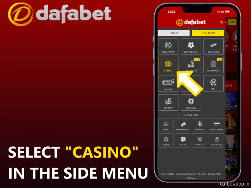 Select Casino in the side menu in the Dafabet app