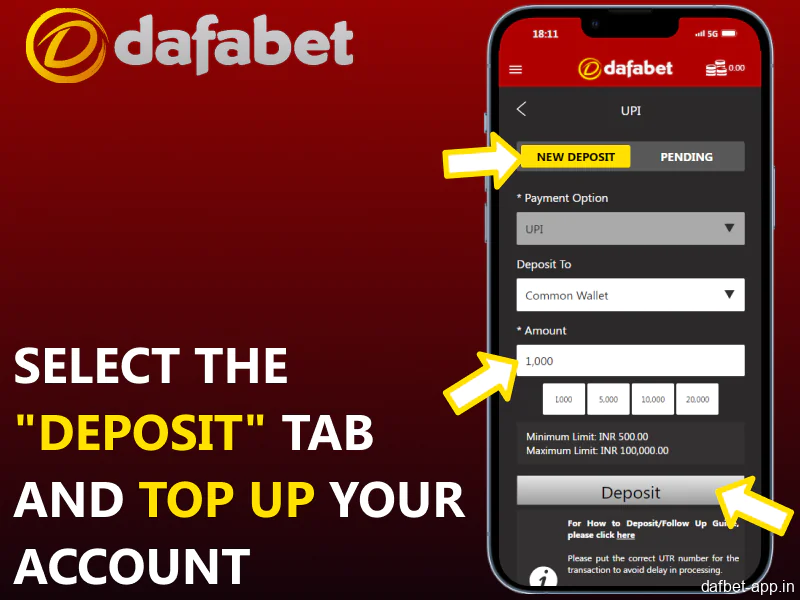 Select the "Deposit" tab and top up your account in the Dafabet mobile app