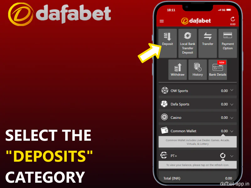 Select the Deposits category in Dafabet mobile app