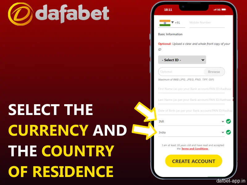 Select the currency and the country of residence in the Dafabet app