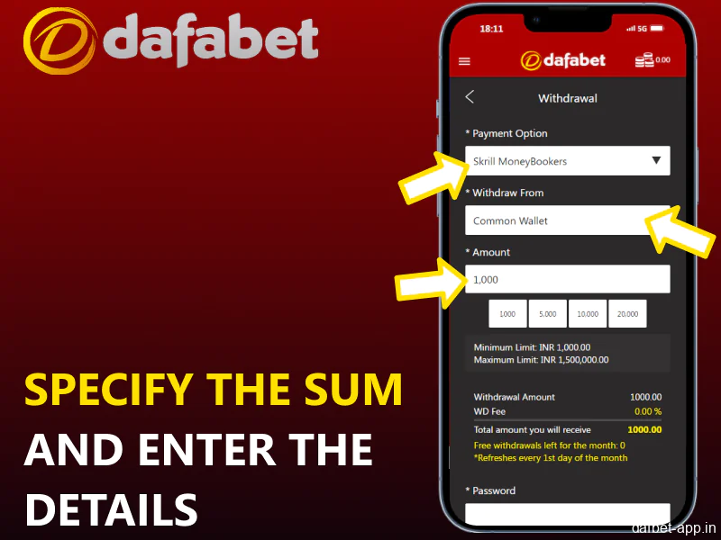 Specify the sum and enter the payment details in the Dafabet mobile app