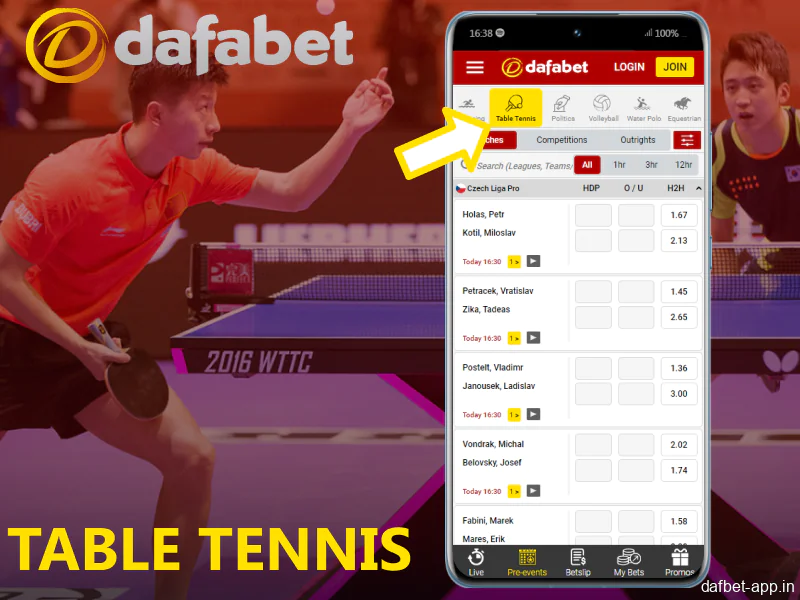 Table Tennis betting options in Dafabet app