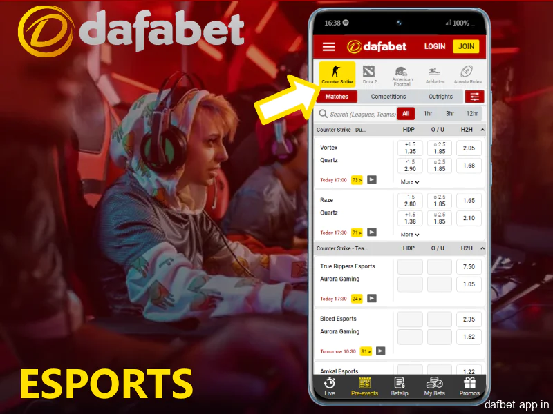 eSports betting options in Dafabet app