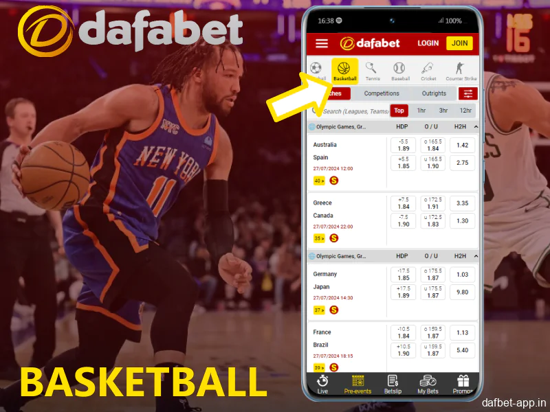 Basketball betting options in Dafabet app