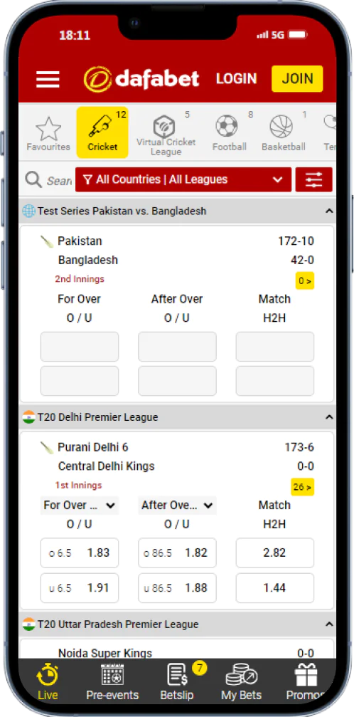 Sports betting options in Dafabet mobile app