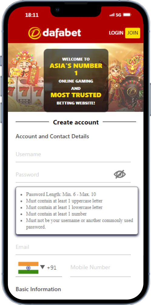 Registration in Dafabet mobile app for players from India