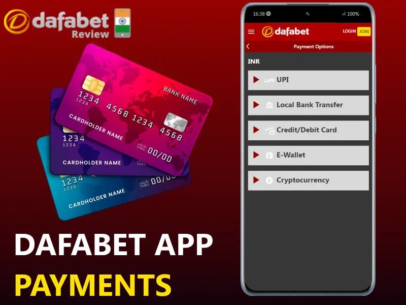 The payment options available in Dafabet mobile app in India